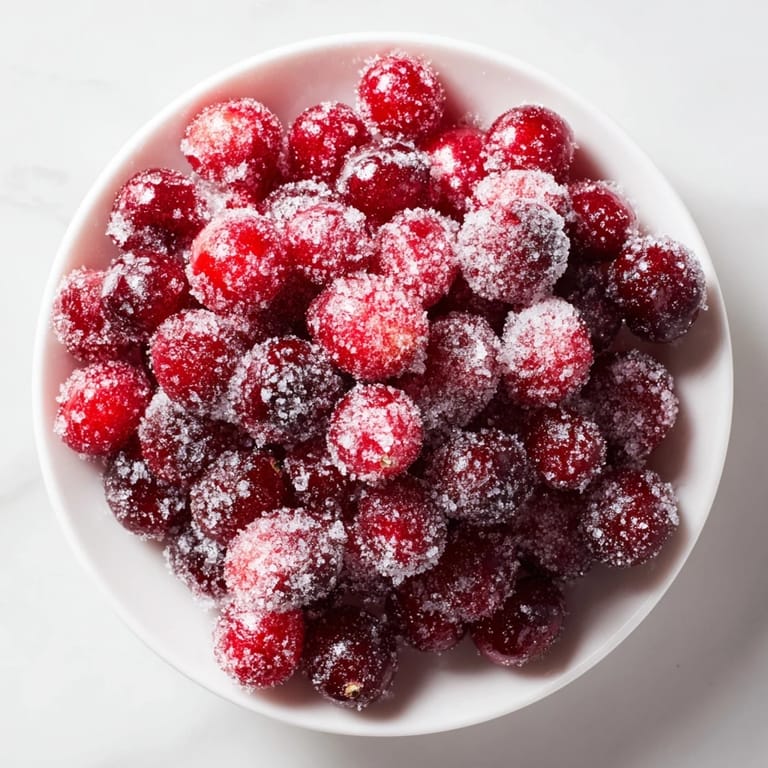 Fresh 5-Minute Express Candied Cranberries, a quick American dessert, offering a burst of tartness and sugary crunch.