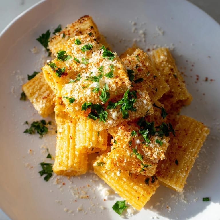 A serving of Spicy Lemon-Parmesan Pasta Chips, beautifully arranged and garnished with fresh parsley and lemon wedges.