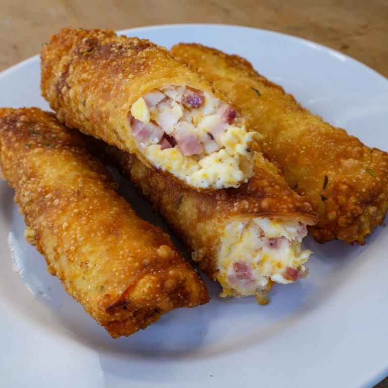 Enjoy these perfectly fried Crispy Chicken Greggs Egg Rolls, described with savory chicken and ham filling.