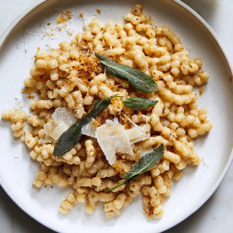 A bowl of delicious Brown Butter & Sage Ditalini, with a creamy, nutty sauce, ready to serve.