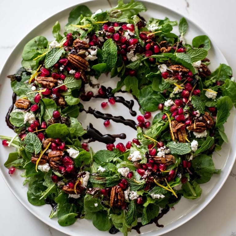 Beautifully arranged Pomegranate Feta Wreath Salad: a holiday festive meal with fresh greens and a bright dressing.