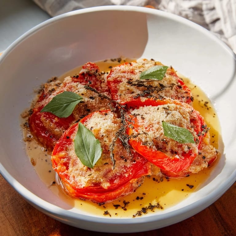 A close-up view of the Speedy Feta-Free Tomato Bake, showcasing tender tomatoes and golden Parmesan.