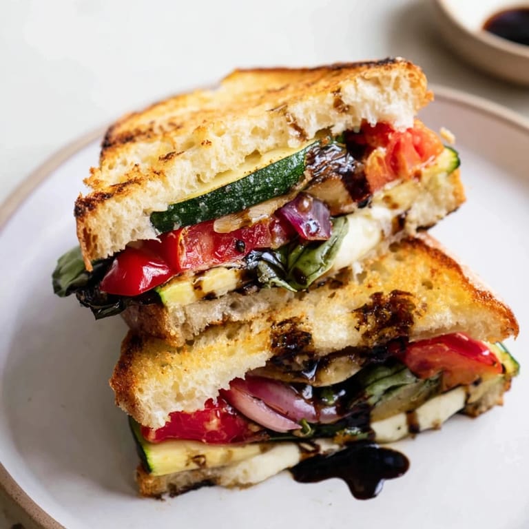 A delicious Sheet-Pan Roasted Veggie Caprese Grilled Cheese with colorful, roasted vegetables and fresh basil.