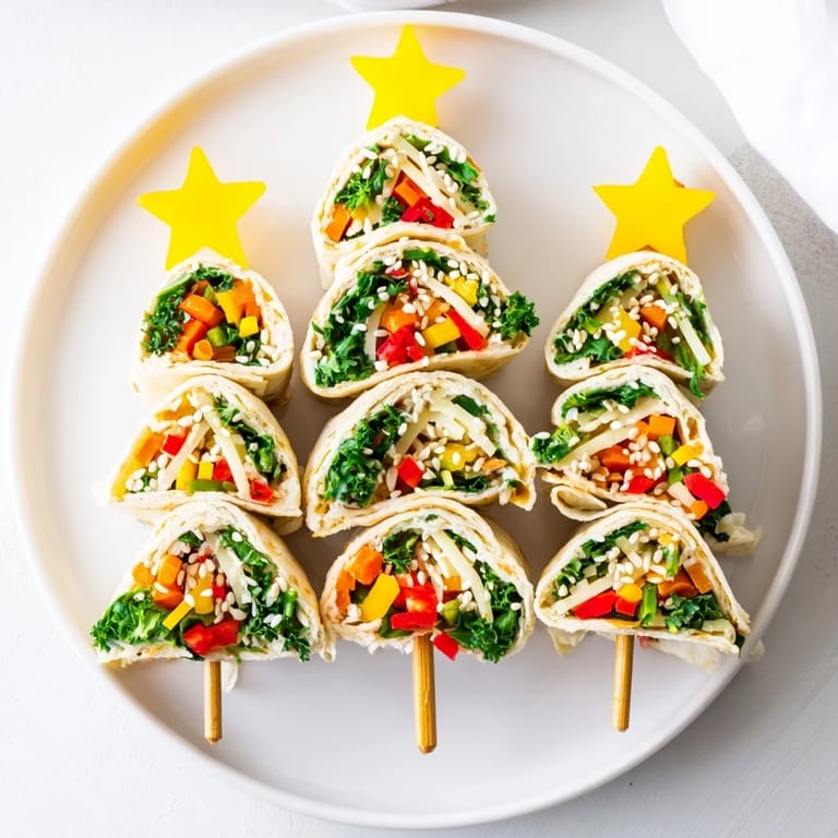 Golden, air-fried Air Fryer Christmas Tree Veggie Tortilla Wraps with star pepper toppers and pretzel trunks.