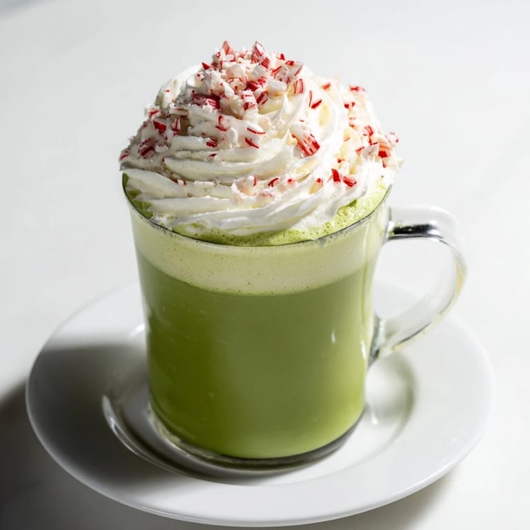 Delicious Cozy Peppermint Matcha Christmas Latte, rich green color with candy cane sprinkled on top.