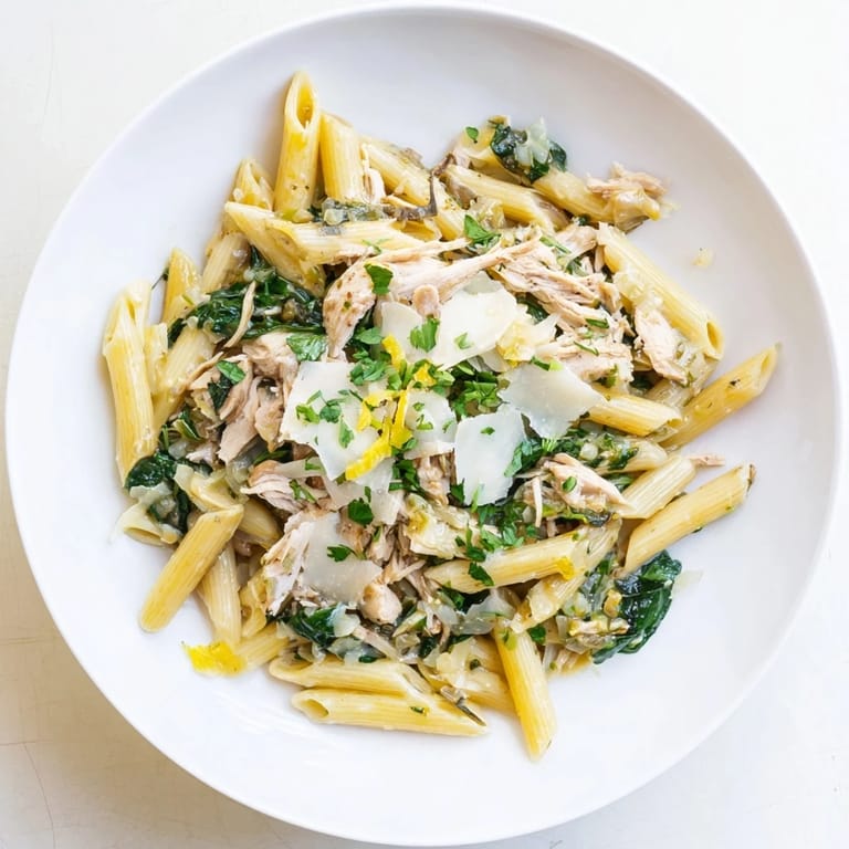Steaming bowl of One-Pot Creamy Spinach & Turkey Christmas Pasta with fresh parsley garnishing.