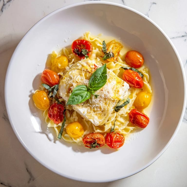 Golden baked feta melts into this Baked Feta Snowfall Cherry Tomato Christmas Pasta, a perfect holiday entree.