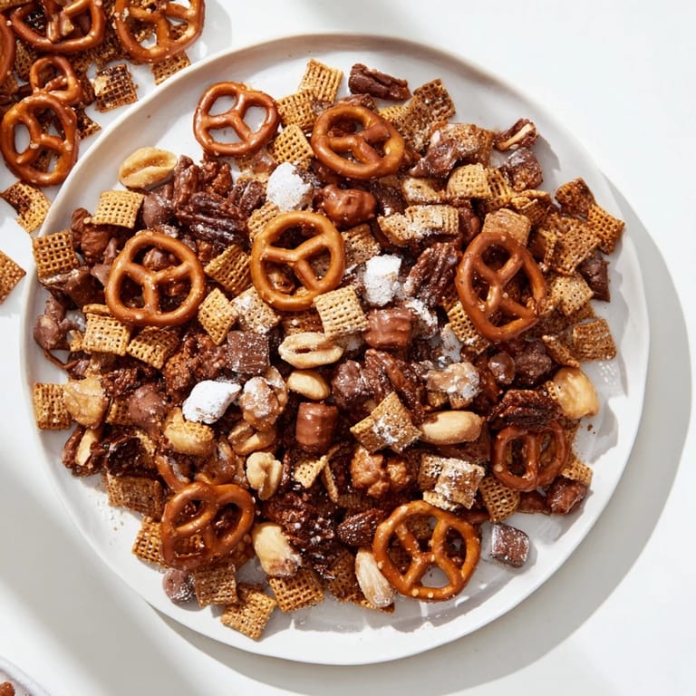 Sweet and crunchy Festive Pine Cone Snack Mix with mini chocolate chips visible throughout the textured snack.