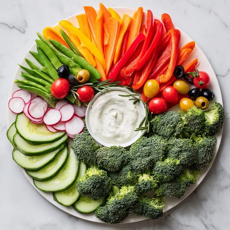 A festive, beautifully arranged Wreath Veggie Dip Platter, perfect for appetizers, with herbs and colorful produce.