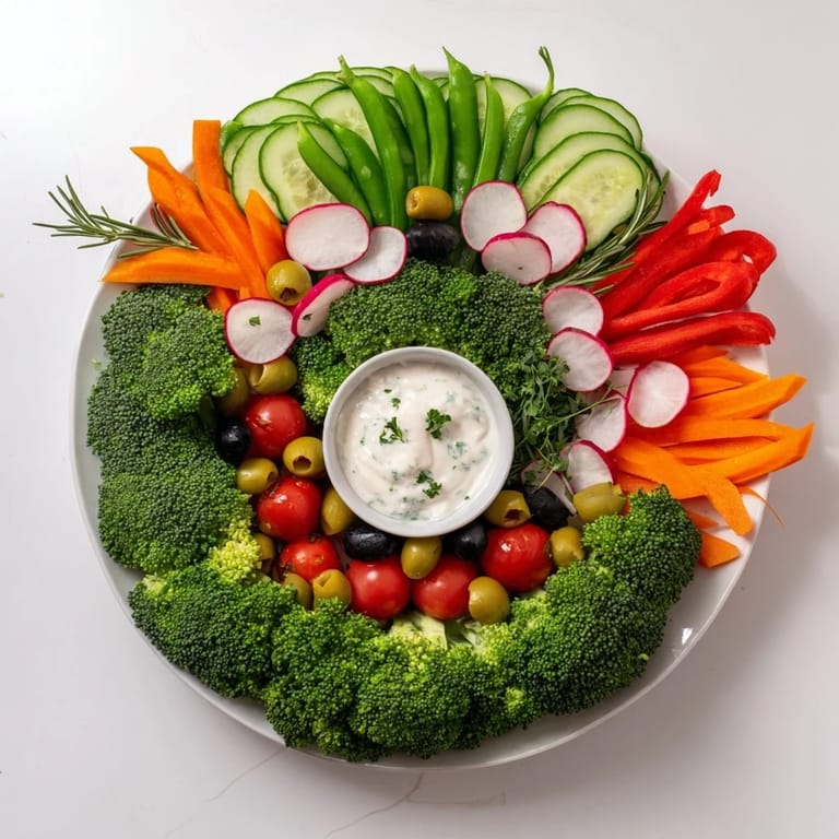 Picture a delicious Wreath Veggie Dip Platter, showcasing fresh vegetables encircling a creamy, flavorful dip in the center.