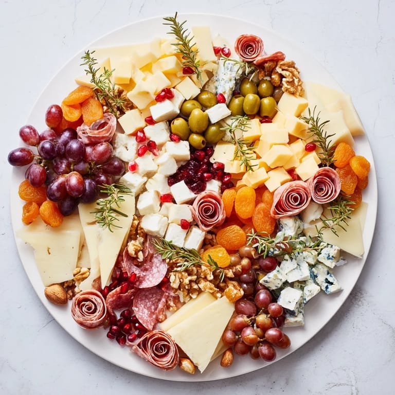 This inviting Holiday Wreath Cheese Platter presents a beautiful display with assorted cheeses, olives, and festive garnishes.