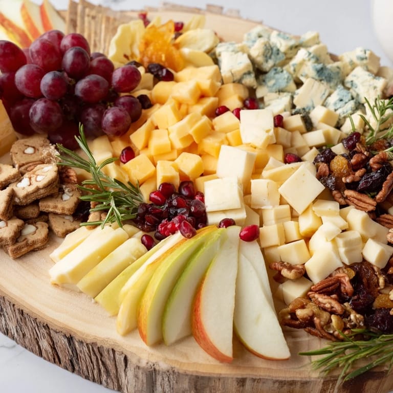 This Winter Wonderland Snack Board displays festive elements, including rosemary and pomegranate, perfect for a party.