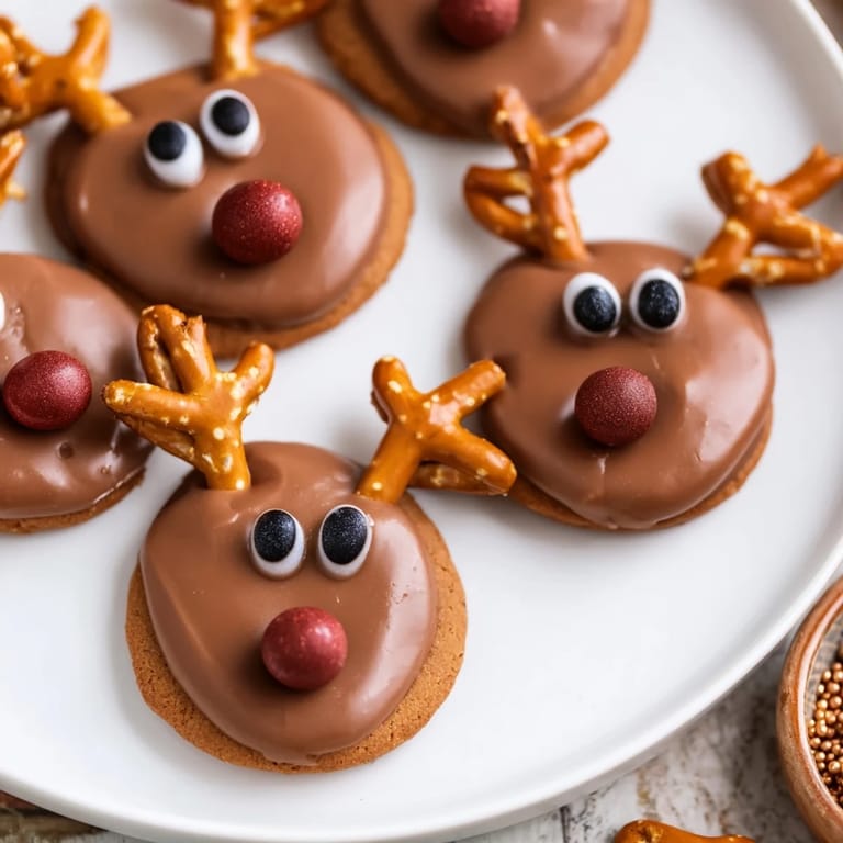 Warm, freshly baked Santa's Reindeer Cookies with chocolate icing and a happy reindeer face on each.
