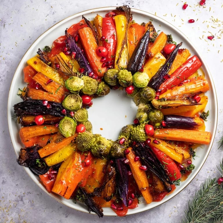 A delicious, vibrant Festive Vegetable Christmas Wreath, perfect as the centerpiece for your holiday table.