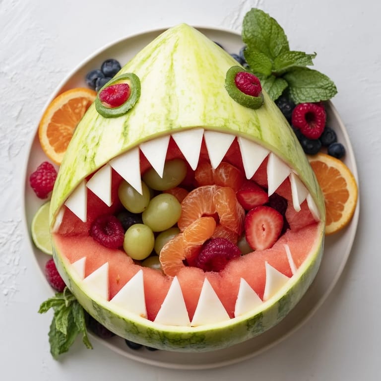 A close-up of a vibrant Watermelon Shark Bite Board, showcasing artful carving and summer fruit.