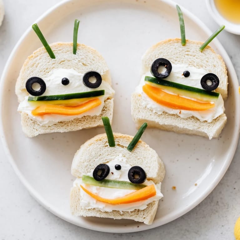 Playful bee sandwiches with olives and chives, displayed on a colorful, inviting board.