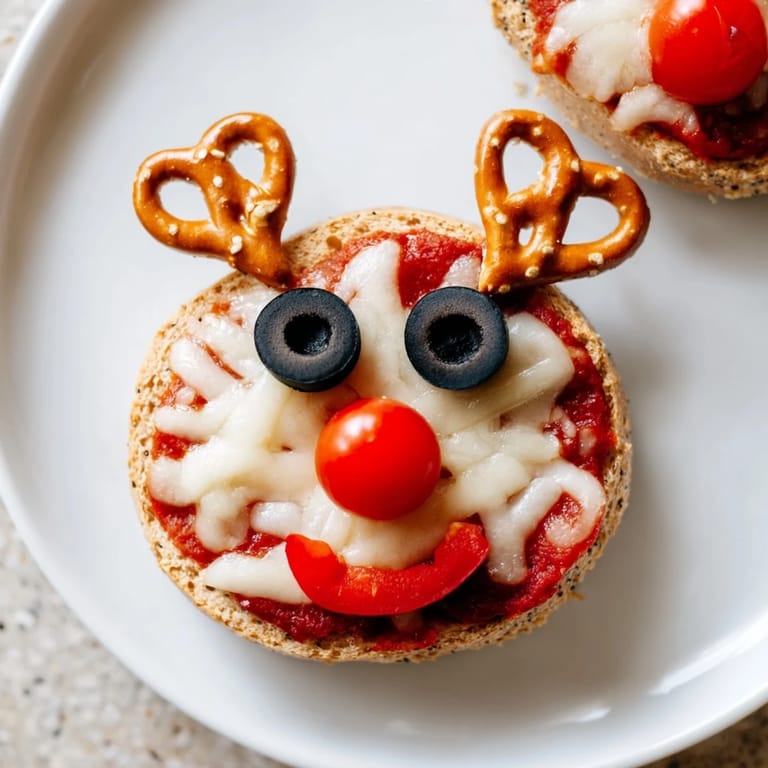 Kid-friendly Reindeer Face Pizza Bagels are ready to eat, featuring mozzarella, tomato noses, and pretzels.