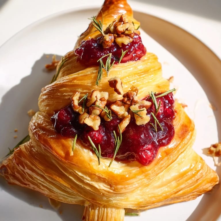 Savory Brie en Croûte Pine Tree, a delicious appetizer boasting melty cheese wrapped in flaky, decorative pastry.