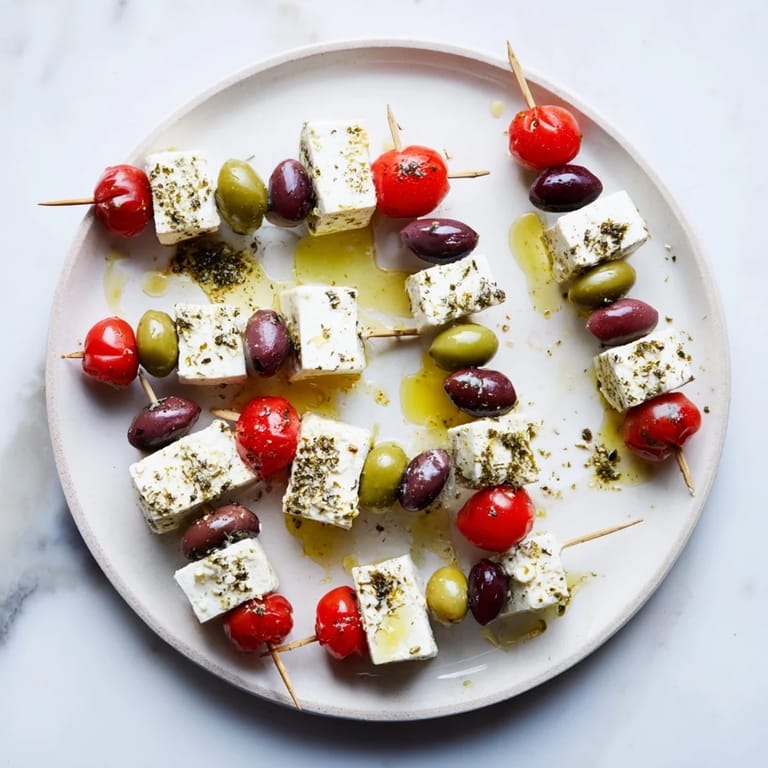 Close-up of delicious Holiday Cheers Olive and Feta Skewers, showcasing fresh toppings & a beautiful holiday presentation.