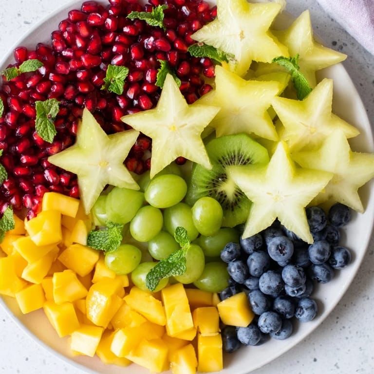 Fresh Pomegranate and Mint Star Fruit Platter showcasing a beautiful, star-shaped display of colorful fruits.