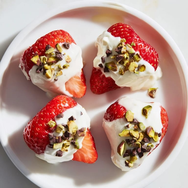 A close-up of Yogurt Dipped Strawberries with a drizzle of yogurt and chocolate chips; so refreshing!