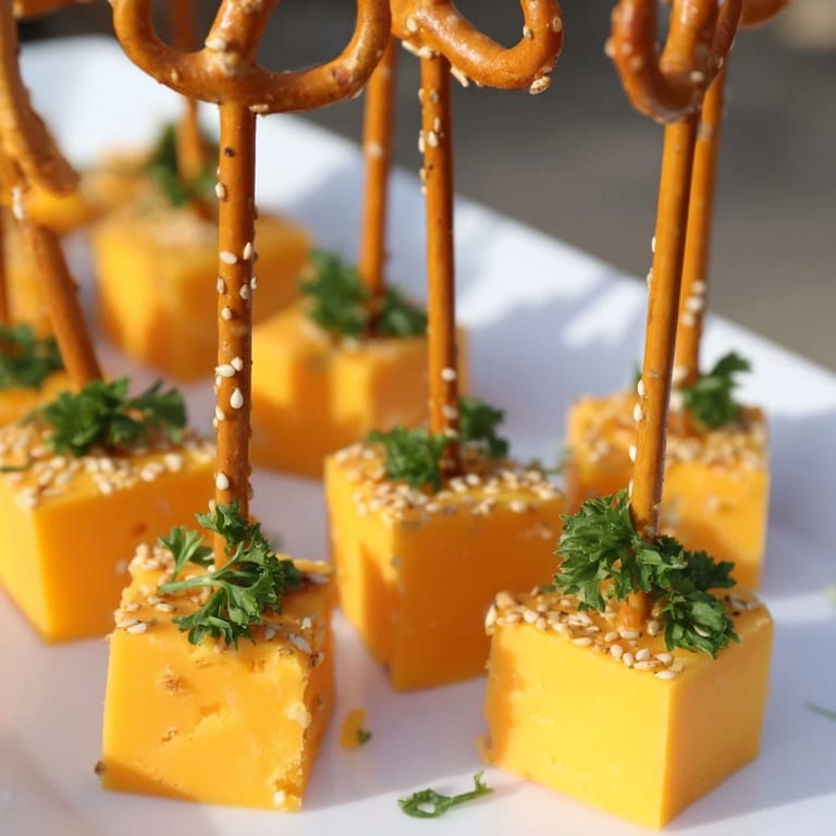 Crispy pretzel stick sparklers: colorful bite-sized cheddar cheese snacks for a New Year's Eve party.