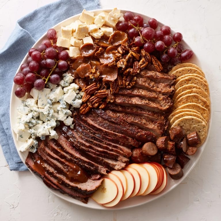 Indulge in a beautiful presentation of the Smoky BBQ & Bourbon Companion - flavorful meats, cheeses, and candied pecans.