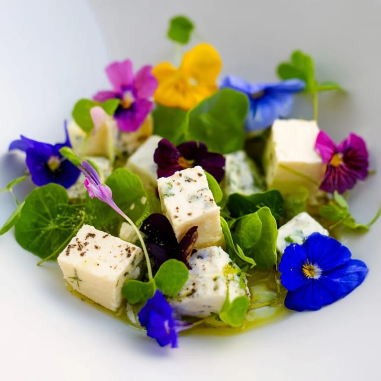 Delicate cheeses nestled in a colorful The Secret Garden arrangement, bursting with flavors and edible blooms, ready to enjoy.