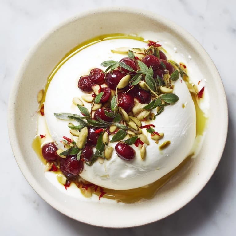 A close-up of The Moonlit Lagoon, showcasing juicy berries, a soft cheese moon, and fresh basil.