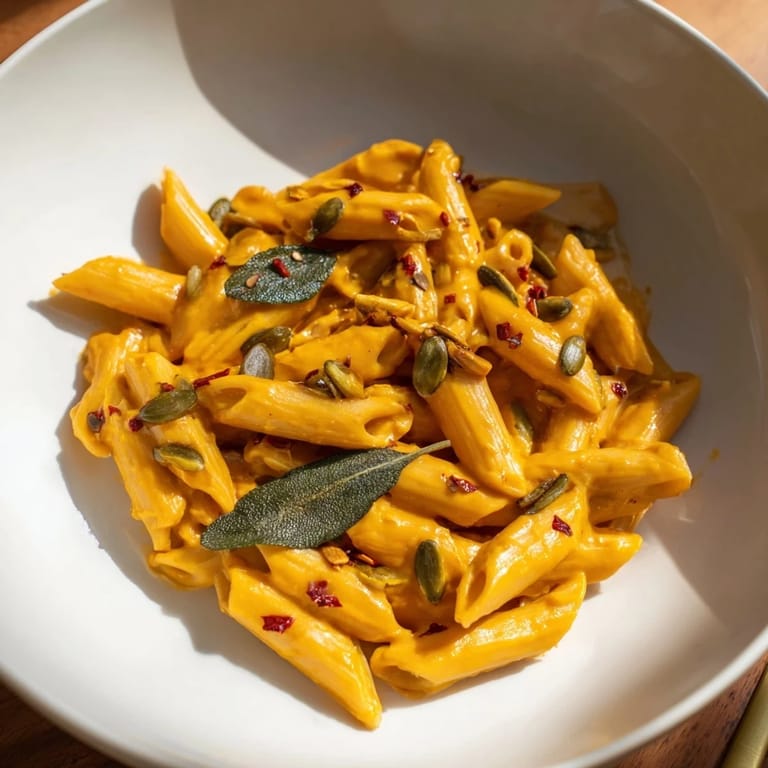 Delicious, plant-based vegan creamy pumpkin pasta, a cozy autumn meal, ready to serve.