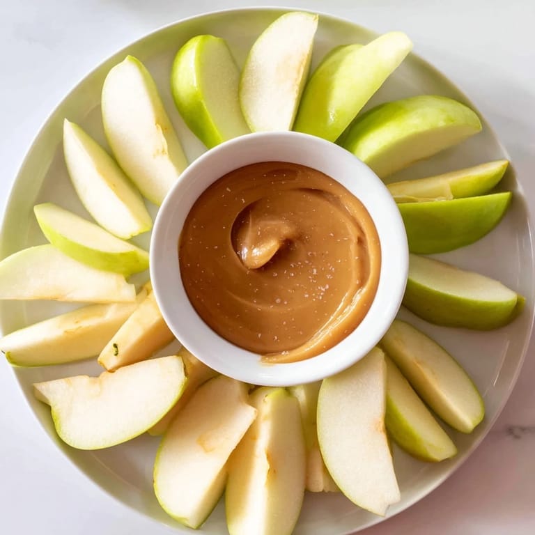 Crisp, sweet apple slices are arranged around a warm, inviting bowl of caramel in this recipe.