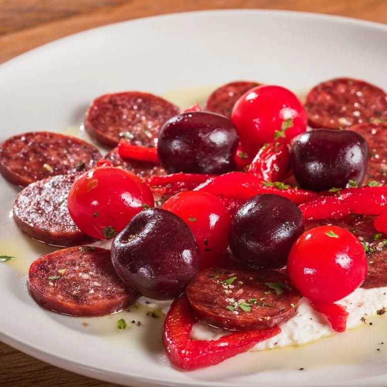 Beautiful presentation of The Crimson Tide appetizer features layers of chorizo and red peppers, ready to serve.