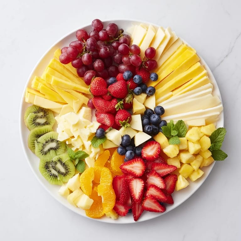 Fresh and delicious Kaleidoscope Circle appetizer, featuring assorted cheeses and seasonal fruit for a party.
