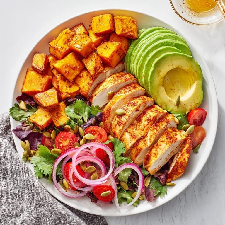 A colorful Avocado and Sweet Potato Chicken Bowl, featuring juicy chicken and a drizzle of hot honey.