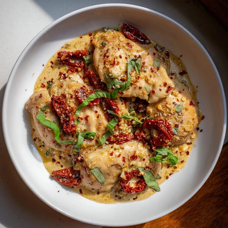 A close-up of a bubbling skillet showing the rich cream sauce coating those delicious Marry Me Chicken Thighs.