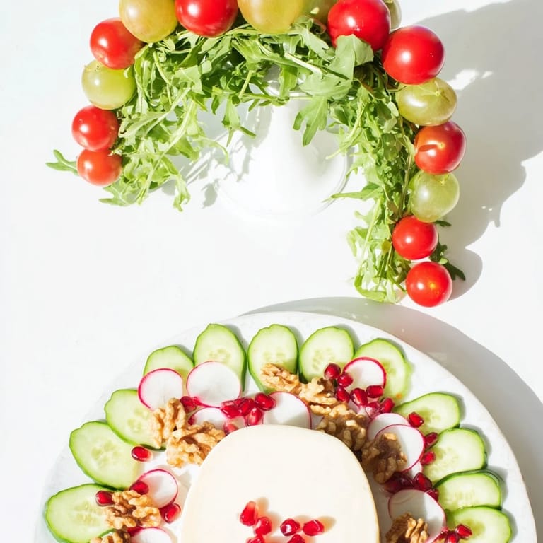 A vibrant Zenith Point salad showcases colorful vegetables directed toward a soft cheese centerpiece, ready to enjoy.