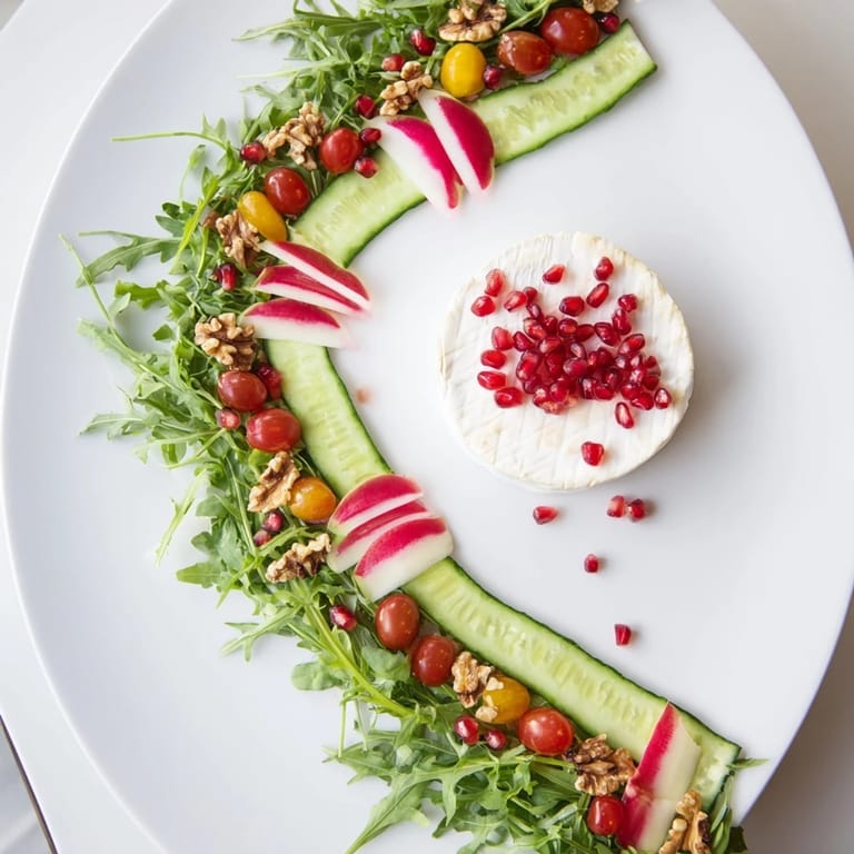 Enjoy this visually stunning Zenith Point salad, where fresh ingredients converge beautifully toward the cheese wheel.