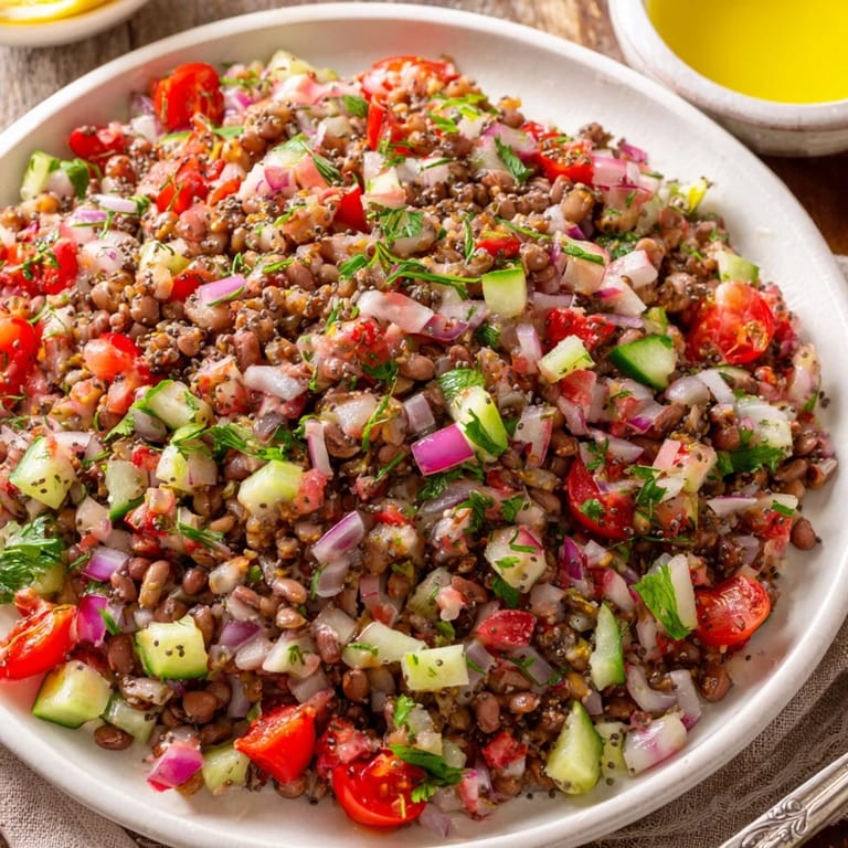 A fresh, chilled bowl of Dense Bean Salad with Wellness Seeds, perfect for a filling vegan lunch option.