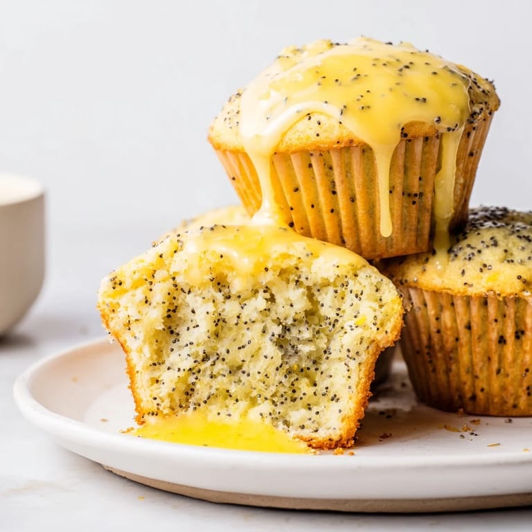 Freshly baked Lemon Poppy Seed Muffins with a simple lemon glaze, awaiting their first delightful bite.