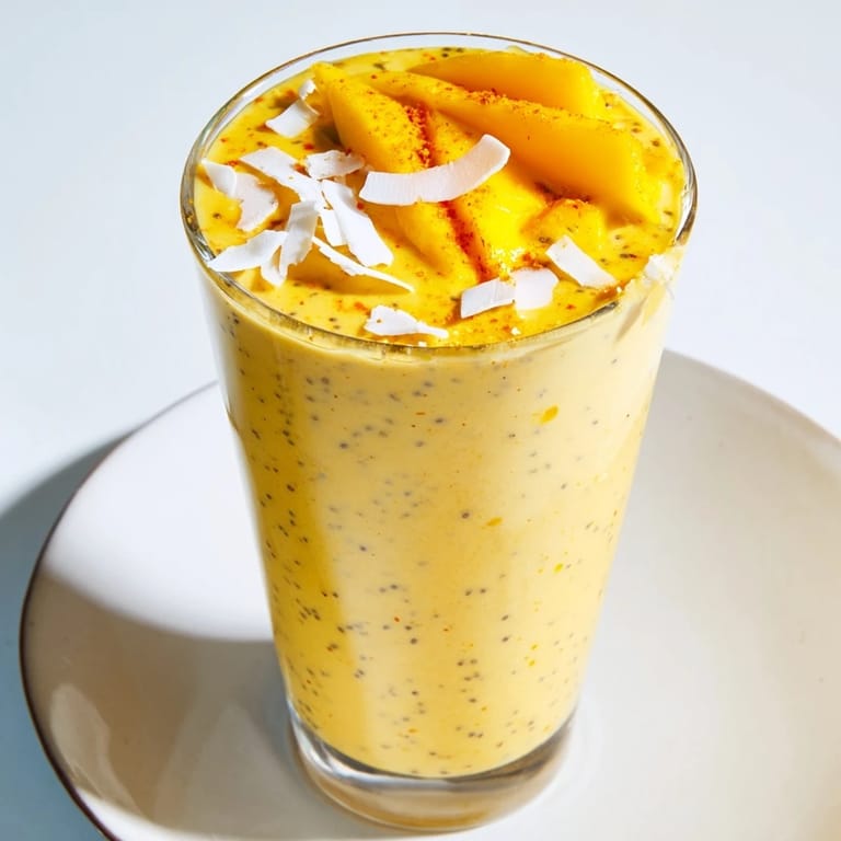 Creamy Mango Turmeric Smoothie in a glass, a healthy and refreshing vegan breakfast beverage.