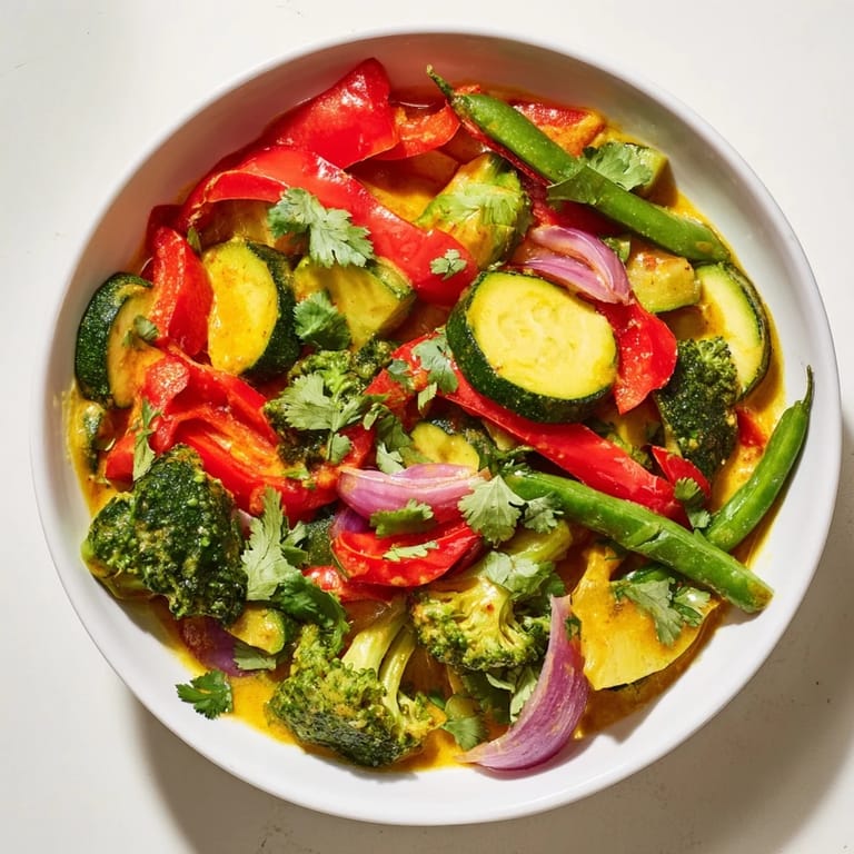 A large bowl of Coconut Curry Vegetables, featuring a creamy sauce and colorful, tender vegetables for dinner.
