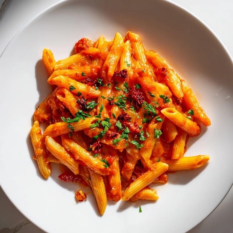 Close-up of penne all'Arrabbiata: spicy tomato sauce clinging to penne with fresh parsley garnish.