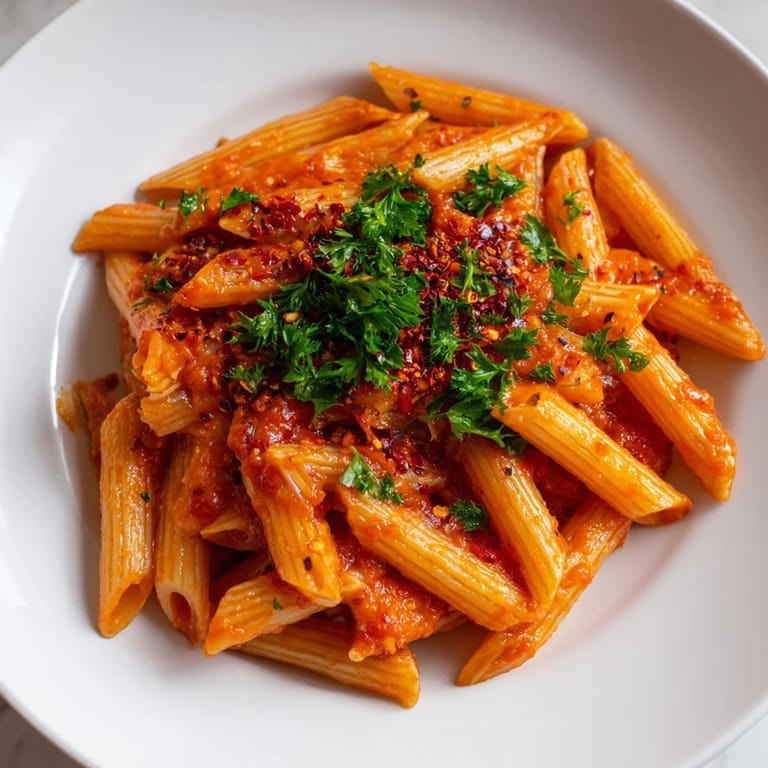 Hearty Italian pasta, penne all'Arrabbiata, is a vegan dish with a bright, fiery tomato flavor.