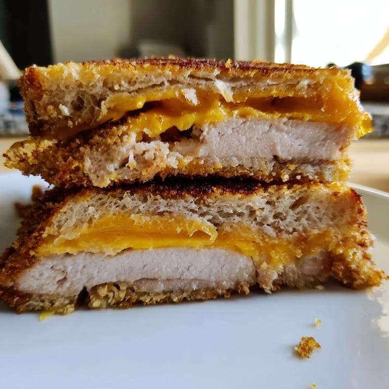A close-up reveals a delicious Crispy Panko Pork Chop Grilled Cheese with perfectly crisp bread and savory pork.