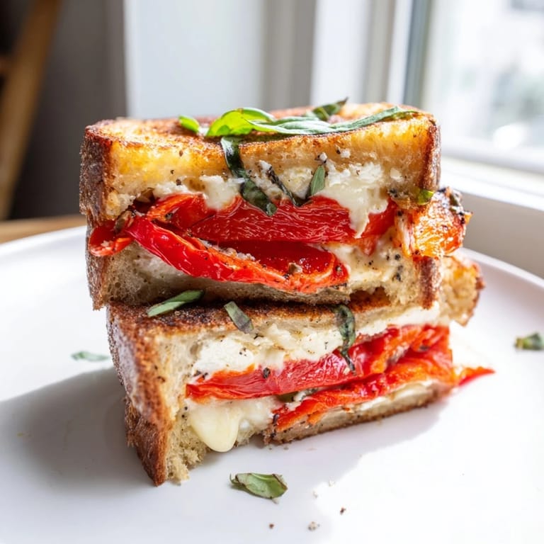 Crusty, grilled sourdough with vibrant roasted red peppers and goat cheese is this delicious Roasted Red Pepper Grilled Cheese.