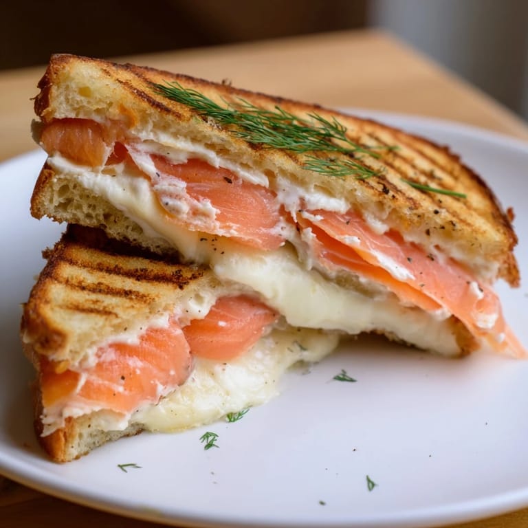 Warm, appetizing picture of a delicious Smoked Salmon Grilled Cheese, ready to be sliced and devoured.