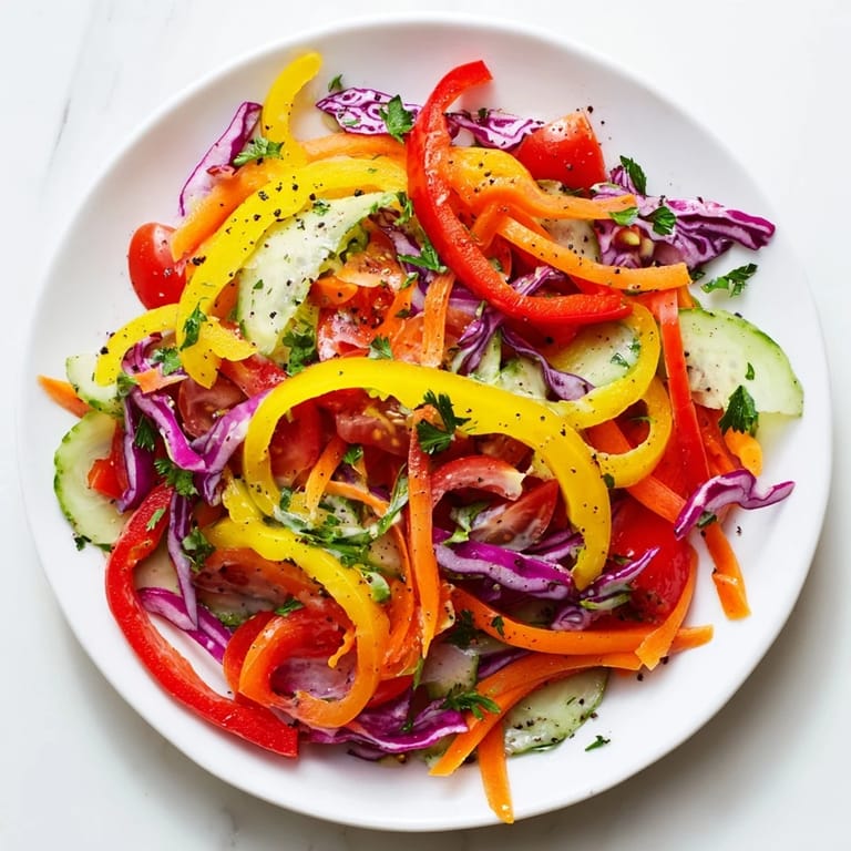 Fresh rainbow salad with crisp vegetables, drizzled with creamy tahini dressing, ready to enjoy.