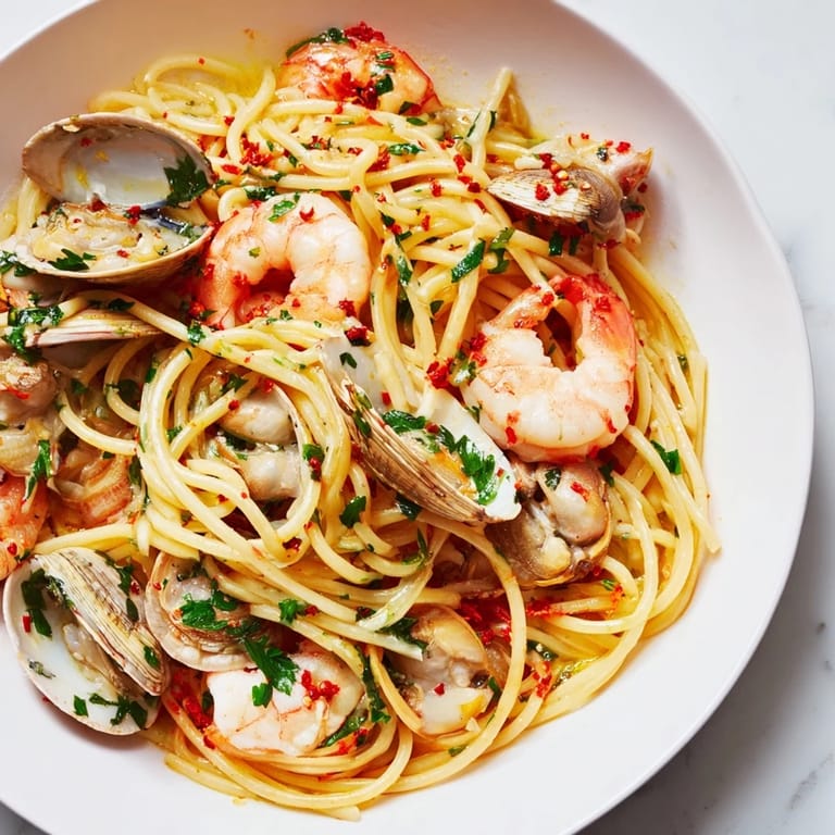 Close-up of Seafood Pasta Aglio e Olio: a steaming plate of spaghetti with clams and fresh parsley.