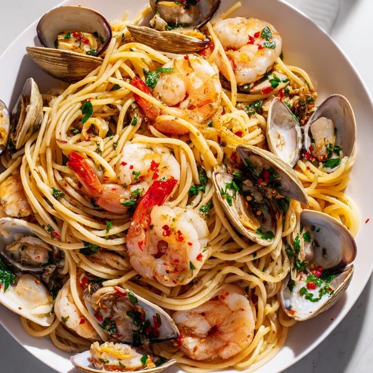 A flavorful Seafood Pasta Aglio e Olio: perfectly cooked pasta, shrimp, and clams with bright lemon garnish.
