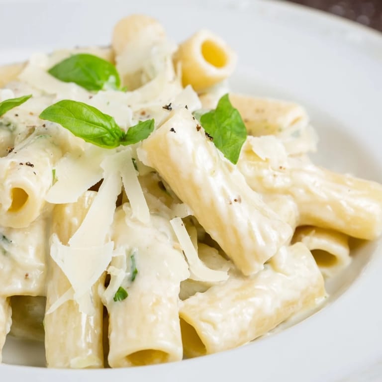 A close-up of creamy cottage cheese pasta, glistening with parmesan cheese and flavorful Italian herbs.